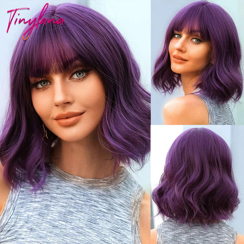 Light Pink Short Wavy Synthetic Hair Wigs with Bangs Cosplay Natural Shoulder Length Bob Wig For Women Afro Heat Resistant Fiber