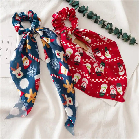 Santa Claus Bows Hair Scrunchies Long ribbon Ponytail Scarf Hair Tie Women Girls Elastic Hair Bands Christmas Hair Accessories