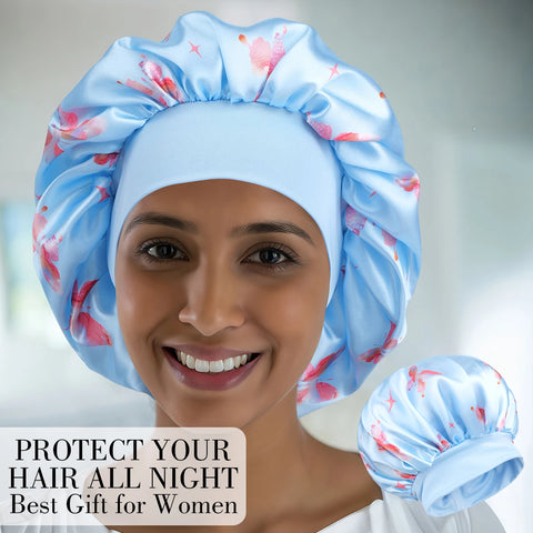 Satin Sleeping Cap for Women, Wide Elastic Band Bonnet with Butterfly Print, Soft & Breathable, Ideal for Curly Hair