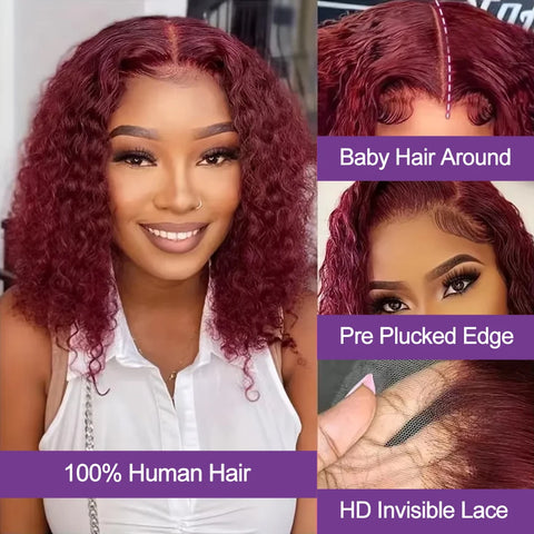 13x6 Glueless Bob Wig Burgundy 99J Deep Wave Brazilian Human Hair Short Bob With Curly HD Transparent Lace Front Wigs For Women