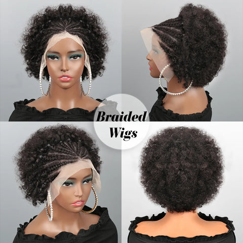 Afro Puff 13x4 Lace Frontal Human Hair With Pre Made Cornrow Braided Kinky Curly Wig With Baby HairHair Wig for Woman