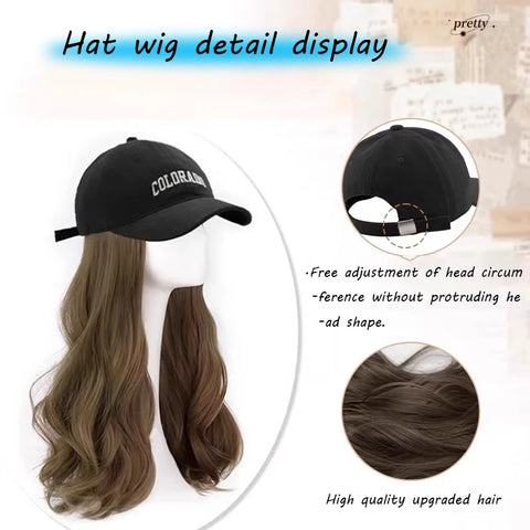 Long Wavy Synthetic Wig Baseball Rice Black Cap With Hair Extensions Hat Wigs Natural Black Connect Wig Adjustable For Women