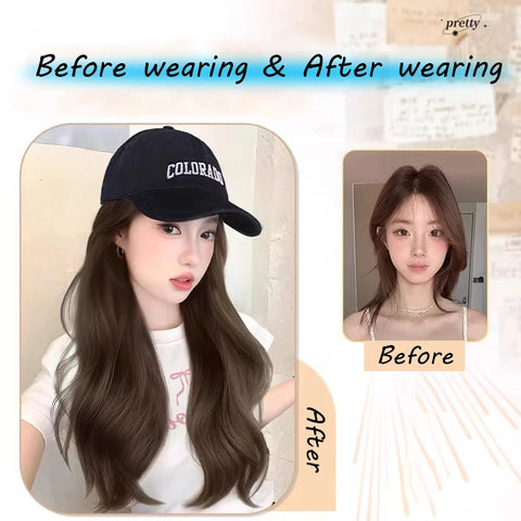 Long Wavy Synthetic Wig Baseball Rice Black Cap With Hair Extensions Hat Wigs Natural Black Connect Wig Adjustable For Women