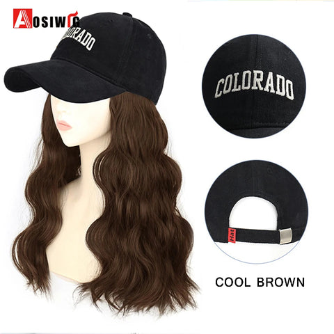 Long Wavy Synthetic Wig Baseball Rice White Cap With Hair Extensions Hat Wigs Natural Black Connect Wig Adjustable For Women