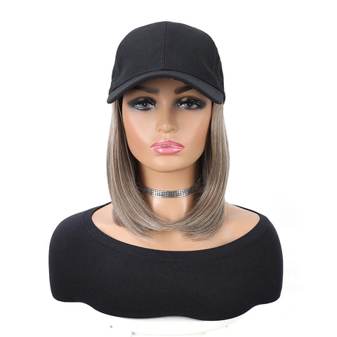 Baseball Cap with Synthetic Hair Extensions Straight Short Bob Hairstyle Adjustable Removable Wig Hat 10 inch for Woman Girl