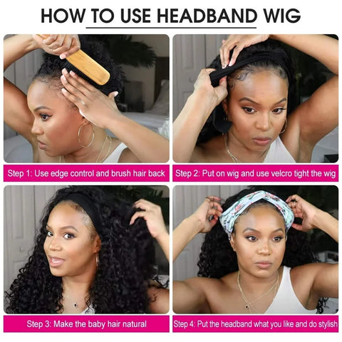 Aircabin Kinky Curly Hair Headband Wig Human Hair Bob Wigs Full Machine Made Short Bobo Curly Wigs for Women Natural Black Color