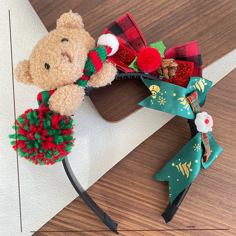 1 senior Christmas plush teddy bear headband with red and green plaid bow, Christmas hat and scarf, winter celebration
