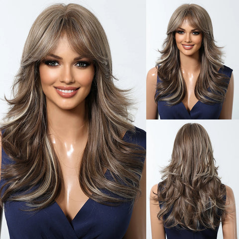 HENRY MARGU Grey Layered Synthetic Natural Wig Medium Length Straight Wig with Bangs for Women Daily Party Wigs Heat Resistant