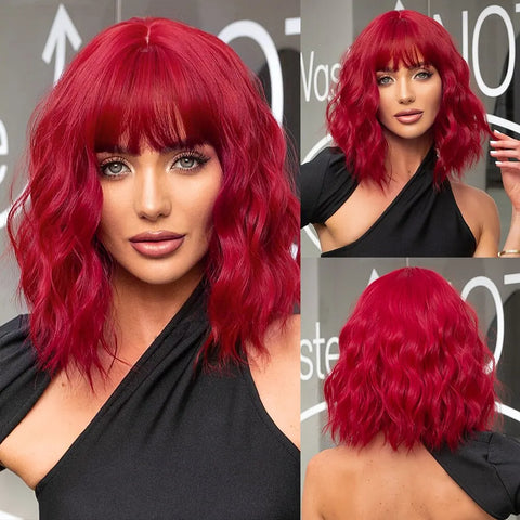 Women Grey Wavy Bob Wigs with Bangs Short Blonde Ombre Synthetic Wig With with Dark Roots Natural Hair for Daily Use