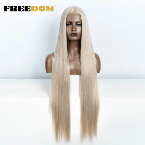 FREEDOM Straight Synthetic Lace Front Wig For Women 38 Inch Long Ombre Brown Red Blonde Hightlight Lace Frontal Wigs Cosplay Wig