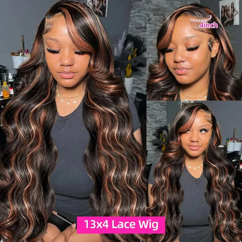Mossily Ombre Highlight 13x4 Lace Front Wig Human Hair 1B/30 Black Brown Body Wave Wigs Transparent Lace Brazilian For Women