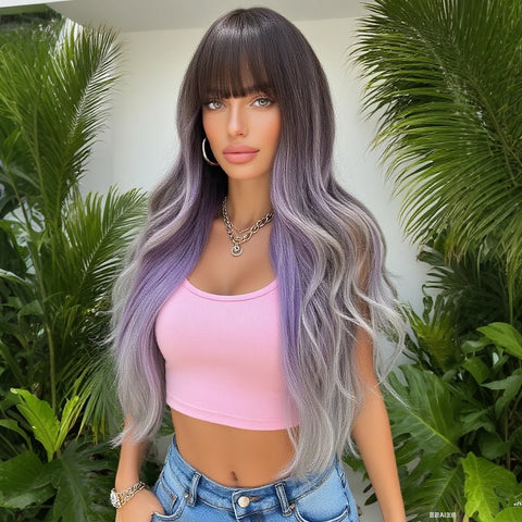 Fashion Purple to Gray Ombre Long Wavy Wig with Bangs for Women - 28 Inch Heat Resistant Synthetic Curls, Natural Style, Suitabl