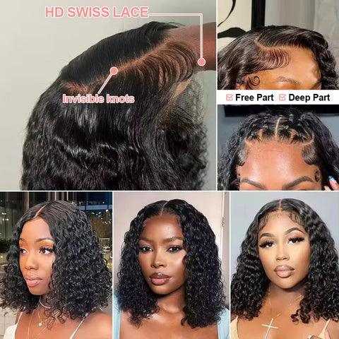 Brazilian Deep Water Wave Curly Bob 100% Human Hair Wigs Natural Black Deep Wave HD Lace Front 13x4 13x6 Transparent Lace Wigs