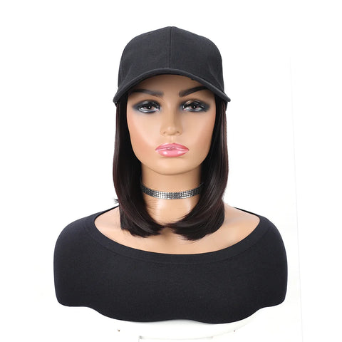 Baseball Cap with Synthetic Hair Extensions Straight Short Bob Hairstyle Adjustable Removable Wig Hat 10 inch for Woman Girl