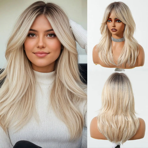 HENRY MARGU Grey Layered Synthetic Natural Wig Medium Length Straight Wig with Bangs for Women Daily Party Wigs Heat Resistant