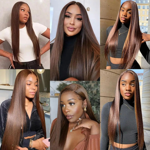 13x4 Chocolate Brown Straight Lace Front Wigs Human Hair 13x6 Transparent HD Lace Frontal Wig Pre Plucked Brown Glueless Wigs