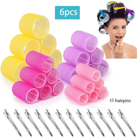 6pcs Self-Grip Hair Rollers Heatless Hair Curler No Heat Hair Bangs Volume Self-adhesive Hook&Loop DIY Hair Curler Styling Tools