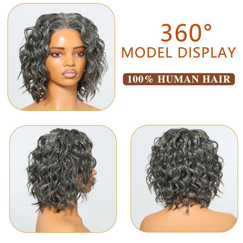 Luvin 16inch Water wave Bob Wig Salt and Pepper Human Hair Wigs Pre Plucked Grey Short Bob Wig Pre Cut 5x5 Closure Wig For Women