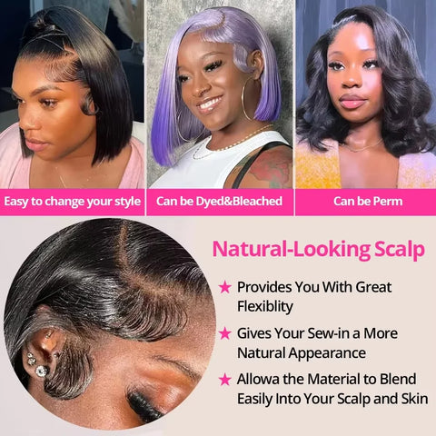 250% Density Glueless Bone Straight 13x6 Short Bob Half Lace Front Wig HD Frontal Braided Black 100% Human Hair Wigs