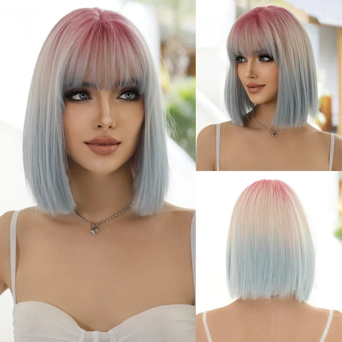 NAMM Shoulder Length Wig Synthetic Straight Blonde Ombre Brown Wigs For Women Daily Party High Density Layered Wigs With Bang