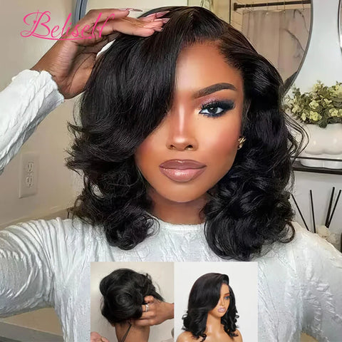Pre-Styled Side Part Glueless Wigs Human Hair with Elastic Drawstring Ready to Wear Body Wave Short Bob Wig Pull Go Glueless Wig