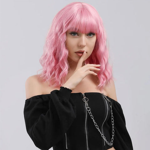 14 Inch Pastel Synthetic Short Wig With Bangs Shoulder Length Wavy Costume Natural Colorful Premium Cosplay For Girls Women
