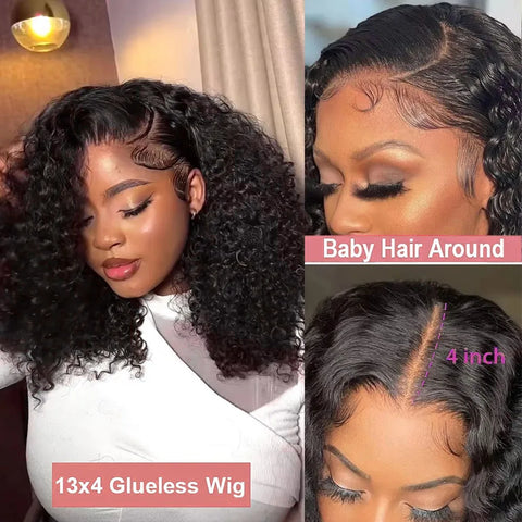 13x6 Short Curly Bob Deep Water Wave Lace Frontal Wigs 7x5 Glueless Wig 100% Human Hair Wig 250% Density 12 14 Inch For Women