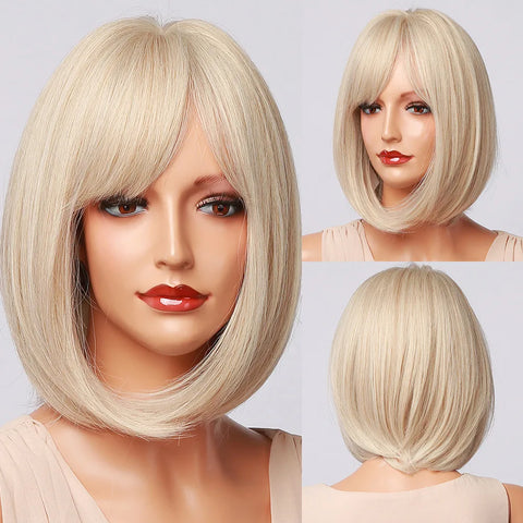 LOUIS FERRE Short Blonde Bob Synthetic Wigs With Dark Root Shoulder Length Blonde Straight Wig Mixed White Hair High Temperature