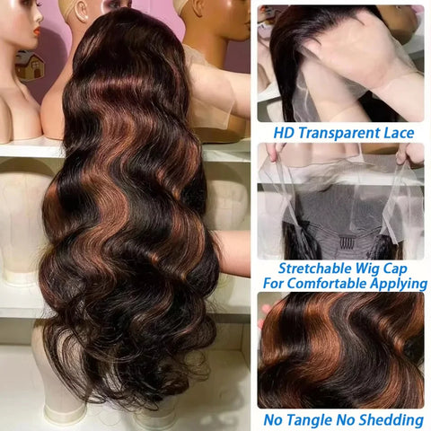 1B/30 4/27 Highlight Body Wave 13x4 Highlight Hd Lace Front Human Hair Wig 30 Inch Upgraded Omber Brown Colored Wigs Human Hair