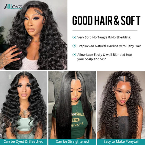 Allove 7X6 Real Glueless Loose Deep Wave Lace Front Wig Ready To Go Natural Color Brazilian 100% Human Hair Easy For Women