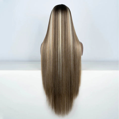 Synthetic Lace Front Wigs Highlight Brwon Blonde Black Wig For Women Long Straight  Lace WIg 38Inch Synthetic Heat Resistant Wig