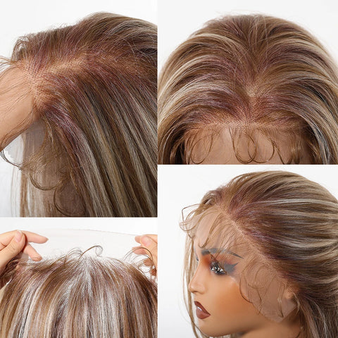 Long Straight Afro 13*6  Transparent Lace Frontal Synthetic Wigs Preplucked Brown Blonde Highlight Mixed Wig for Black Women Wig