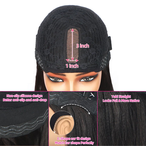 Put On and Go Realistic Yaki Straight Short Bob with Bangs Minimalist 3X1 Lace Wig 100% Human Hair Brown Highlight For Women