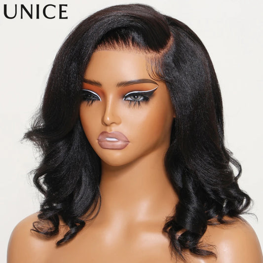 UNICE Light Yaki Loose Wave Bob Wigs With Drawstring 13x4 Pre Plucked Pre Cut Bleached Glueless Wig Human Hair Lace Frontal Wigs