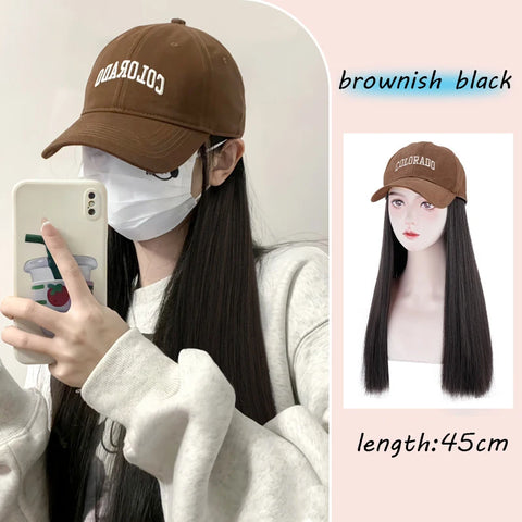 Long Wavy Synthetic Wig Baseball Rice Black Cap With Hair Extensions Hat Wigs Natural Black Connect Wig Adjustable For Women