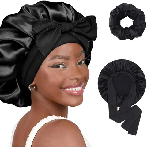 A Set/2Pcs Sleeping Women's Silk Hat Satin Hat Satin Border Curly Hair Hat Strap Elastic Headband