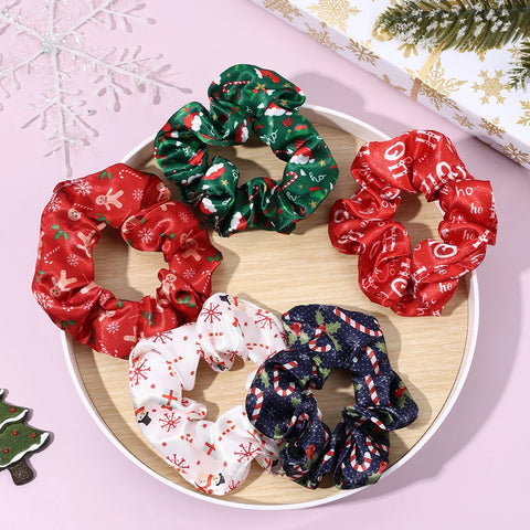 5Pcs Various Christmas Style Hair Ties Santa Hat Print Satin Scrunchies For Women Girls New Trendy Xmas Party Hair Accessories