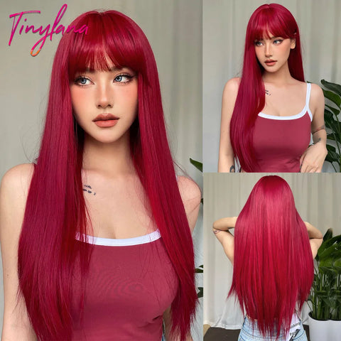 Long Straight Silver Ash Gray Synthetic Wigs Lolita Cosplay Natural Hair with Bangs for White Women Party Daily Heat Resistant