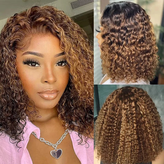 Highlight Glueless Curly Bob Wig Human Hair 100% Ready To Wear Water Wave Human Hair Wig Colored 100% Human Hair Lace Front Wig