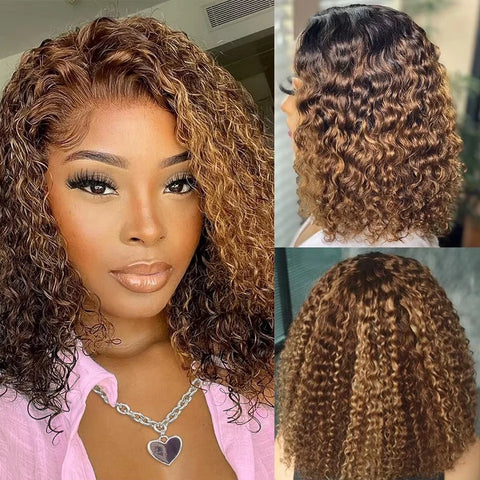 Highlight Glueless Curly Bob Wig Human Hair 100% Ready To Wear Water Wave Human Hair Wig Colored 100% Human Hair Lace Front Wig