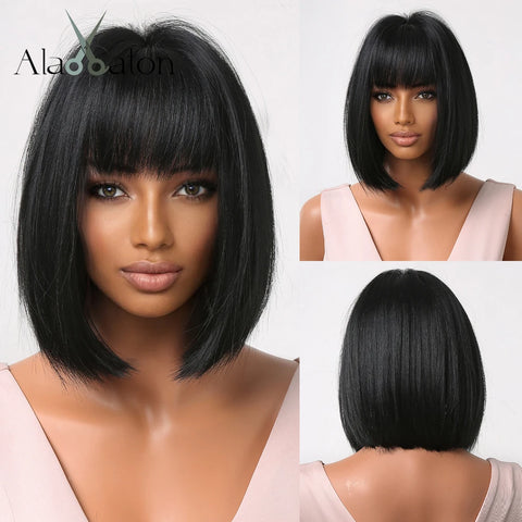 ALAN EATON Layered Synthetic Wigs with Bangs Straight Short Highlights Blonde Hair Wig with for Women Natural Daily Cosplay Wigs