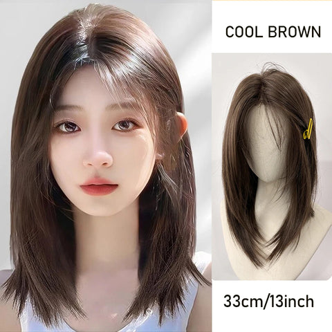 Shoulder Black Brown Layered Synthetic Natural Hair Wigs For Women Body Wave Daily Women's Wig with Curtain Bangs Heat Resistant