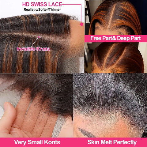 #4/350 Highlight Ginger Brown Short Bob Wig Human Hair Straight 13x4 HD Transparent Lace Frontal Wig Colored 5x5 Glueless Wig