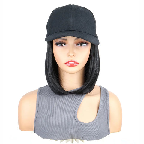 Synthetic Short Straight Bobo Hat Wigs Baseball Cap Adjustable Black Brown Hairpiece for Women