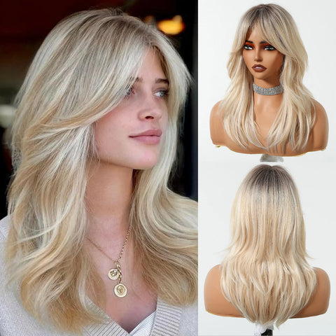 Ombre Platinum Blonde Synthetic Wig with Bangs Medium Length Layered Wigs for Women Natural Cosplay Party Hair Heat Resistant