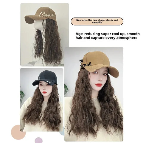 Korean Style Hat Wig Integrated Romantic Casual Face Slimming Long Curling Natural Comfortable Hair for Women