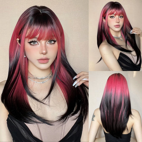 Straight Layered Synthetic Wigs Purple Black Ombre Wig with Bangs Middle Length Colored Cosplay Wig for Women Heat Resistant Wig