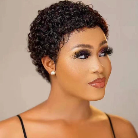 Short Kinky Curly Wigs Human Hair Machine Made Pixie Cut Wigs Brazilian Human Hair For Women Natural Black Curly Human Hair Wigs