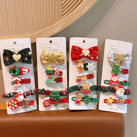 5/10 Pcs Children's Christmas Hair Accessories Set Heart Santa Claus Hair Clips & Gold Hair Bands Cute Buckles Tweezers For Girl