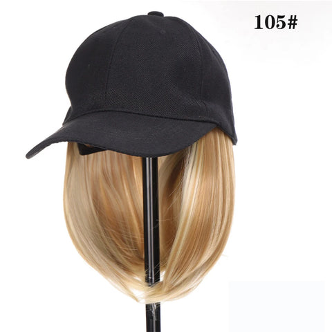 Black Baseball Cap with Hair Extensions Synthetic Straight Short Bob Hairstyle Adjustable Hat Wig for Women Girl Ash Blonde